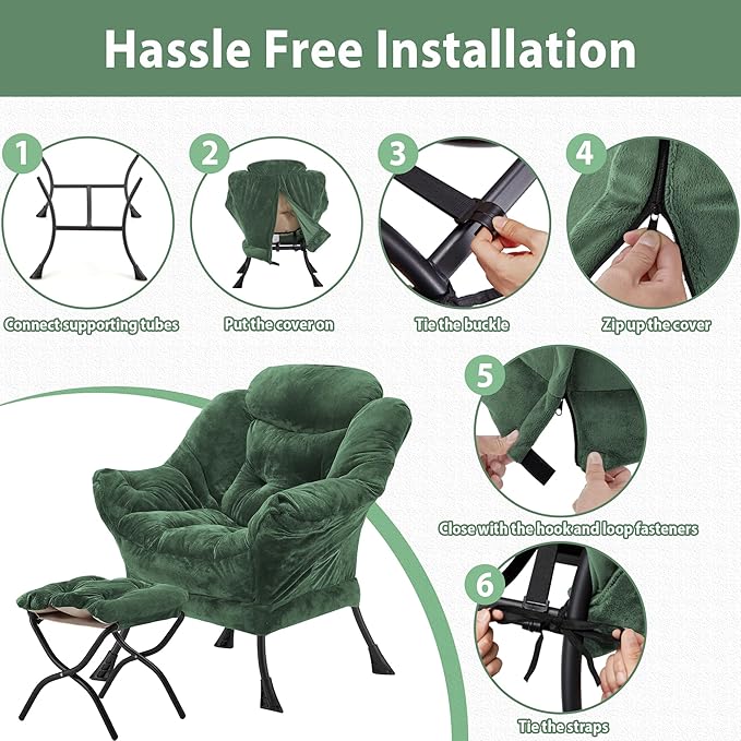 Lazy Chair with Folding Ottoman, Accent Chair Plush Upholstered with Metal Structure and Non-Slip Pads, Sofa Armchair with Footrest and Side Storage Bag for Dorm, Room, Office, Green