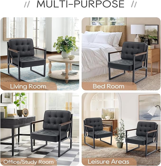 COLAMY Black Leather Accent Chair, Accent Arm Chair for Living Room, Comfy Armchair with Metal Legs for Living Room Bedroom Reception Waiting Room