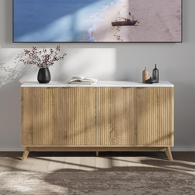 Buffet Cabinet with Storage, Fluted Multifunctional Storage Cabinet with 4 Doors, Sideboard Cabinet with Doors Modern Buffet Table Accent Coffee Bar Console Table,fluted buffet cabinet