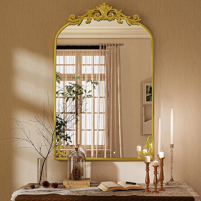24x36 inch Vintage Arched Bathroom Mirror - Gorgeous Wall Vanity Mirror with Beautiful Retro Top and Bottom Engraving Process Frame for Entryway Hallway Living Room, Gold
