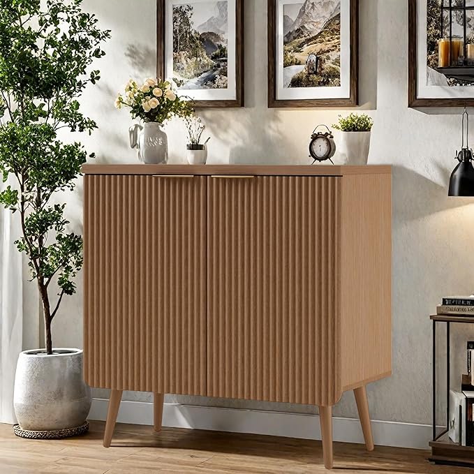 Buffet Cabinet, Sideboard Fluted Cabinet Modern Kitchen Buffet Storage Cabinets with Doors and Shelves, Wood Farmhouse Coffee Bar Station for Entryway & Dining Room & Living Room, Walnut