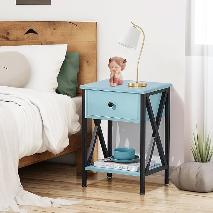 VECELO Nightstands Set of 2, Modern Bedside End Tables, Night Stands with Drawer and Storage Shelf for Living Room Bedroom, Industrial Metal Frame