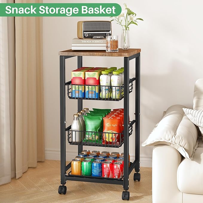 SNTD Fruit Basket Vegetable Stand for Kitchen Pantry, Pull Out Metal Wire Basket with Wood Top for Fruit Vegetable Onions Potatoes Snacks