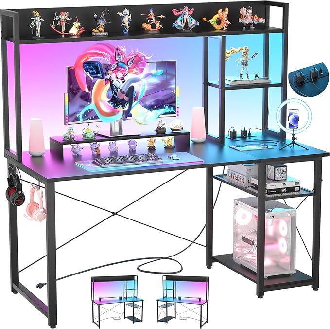 Cyclysio Gaming Desk with Hutch, 47'' Computer Desk with LED Lights & Power Outlets, Home Office Desk with Reversible 5 Tiers Storage Shelves & Monitor Stand, Small Gaming Table for Small Space, Black