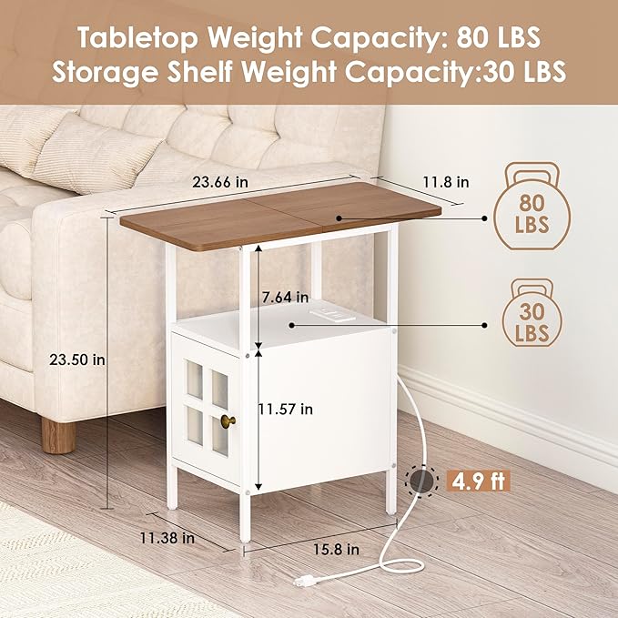 Farmhouse Narrow Side Table with Charging Station - 3-Tier End Table with USB & Outlets Compact Bedside Storage Table for Small Spaces, Multi-Functional Accent Table for Bedroom, Couch Corner Entryway
