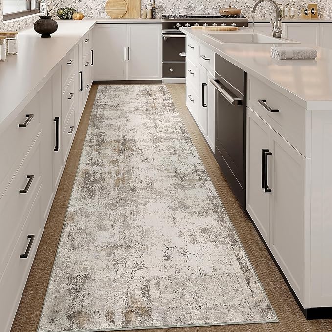 3x10 Washable Runner Rug Brown Grey Neutral Abstract Hallway Kitchen Living Room Bedroom Non Slip Throw Rug Soft Low Pile Indoor Carpet for Entrance Laundry Bathroom
