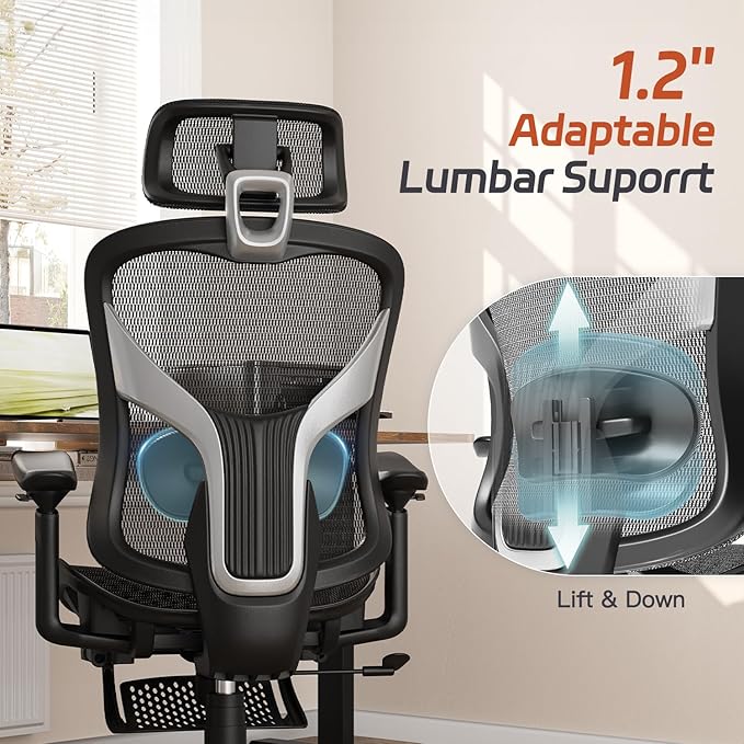 Ergonomic Office Chair, Mesh Desk Chair with Footrest, 3D Armrest - 215° Rotation, Adjustable Lumbar Support & Headrest, 90°-120° Tilt Lock, Big and Tall Computer Gaming Chairs, Black
