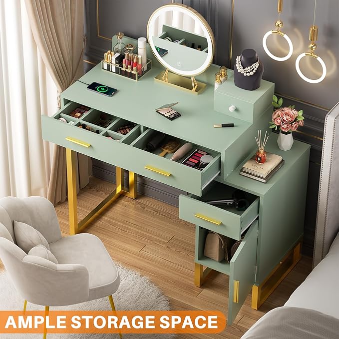 Vanity Desk with 4 Storage Drawers - Modern Makeup Vanity Table with Charging Station, Cyan Vanity Desk with Reversible Cabinet Dressing Table Set with Divided Organizers for Women Girls, Cyan & Gold