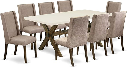 East West Furniture X727FL716-9 9 Piece Modern Dining Table Set Includes a Rectangle Wooden Table with X-Legs and 8 Dark Khaki Linen Fabric Parsons Dining Chairs, 40x72 Inch, Multi-Color
