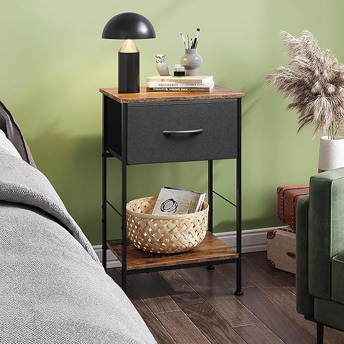 WLIVE Nightstand Set of 2, End Table with Fabric Storage Drawer and Open Wood Shelf, Bedside Furniture with Steel Frame, Side Table for Bedroom, Dorm, Black and Rustic Brown, 25.03" Height
