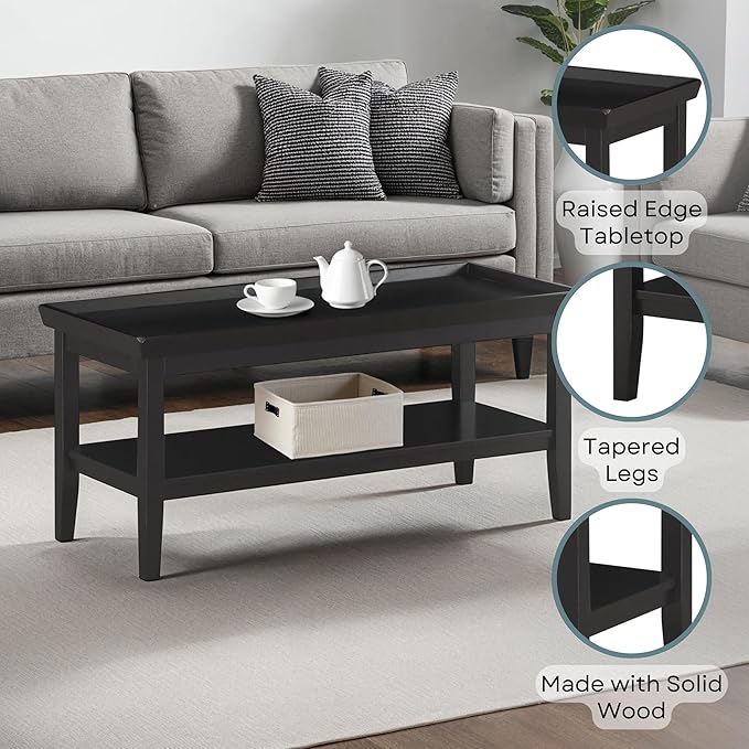 Convenience Concepts Ledgewood Coffee Table 42" - Modern Center Room Accent with Storage Shelf for Transitional, Traditional Living & Family Room, Black