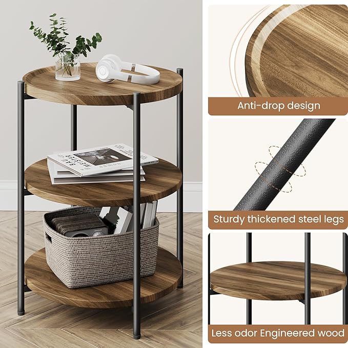 Side Table, 3-Tier Modern End Table with Wheels, Small Round Nightstand Bedside Table for Living Room, Bedroom, or Small Spaces-Walnut