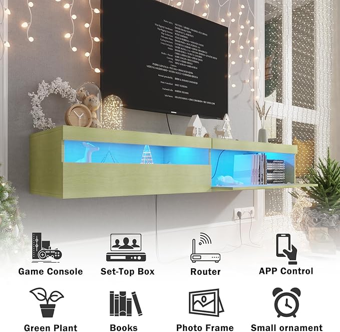Floating TV Stand with Led Lights, 71 inch Wall Mounted TV Shelf with Power Outlet, Modern Entertainment Center Media Console with Storage Cabinet, Up to 80 Inch TVS, Green