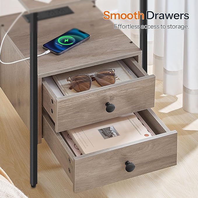 HOOBRO End Table with Charging Station, Nightstand with 2 Drawer & USB Ports & Power Outlets, Bedside Table for Small Spaces, Stable and Sturdy, for Living Room, Bedroom, Greige and Black BG43UBZ01