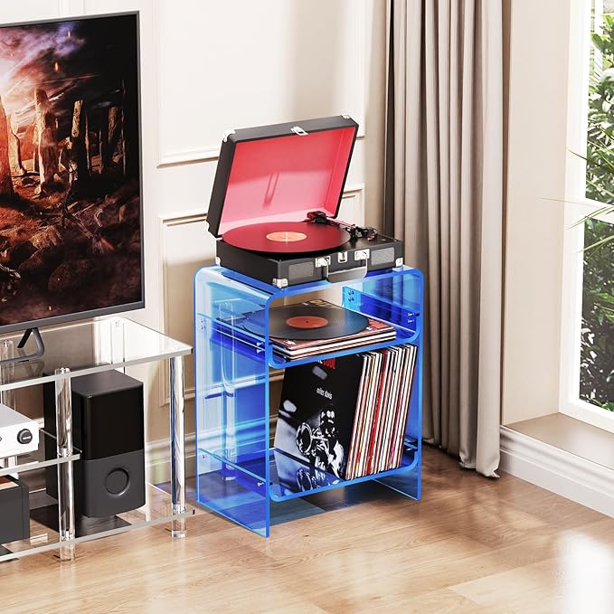 Acrylic Record Player Table with Storage Shelf, Clear Side Table Nightstand (Blue)