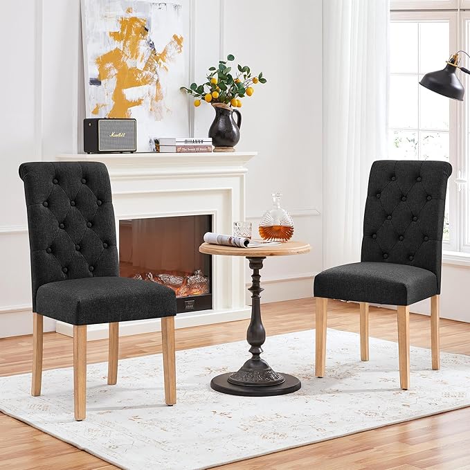 Yaheetech Dining Chairs Set of 2 Fabric Upholstered Dining Room Chairs with Button Tufted High Back and Solid Wood Legs for Kitchen/Living Room/Restaurant, Modern Style, Black