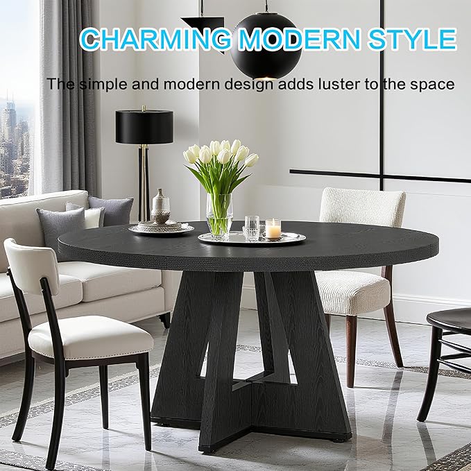 47" Round Dining Table for 4-6, Modern Dinner Table Farmhouse Round Small Kitchen Tables with Wooden Cross Base for Dining Room, Kitchen, Living Room, Black