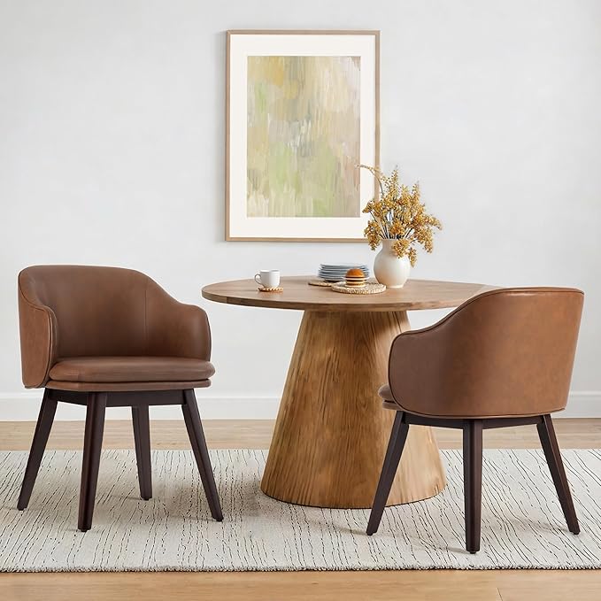 Wooden Dining Chairs Set of 4, Faux Leather Upholstered Modern Dining Room Chairs with Barrel Backrest & Double-Layer Thick Cushion for Living Room, Restaurant, Kitchen and Café, Brown, 2 Boxs