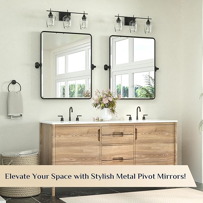 Keonjinn Pivot Mirror Bathroom, 24x30 Inch Black Tilt Mirror Bathroom for Over Sink, Matte Black Framed Mirrors for Bathrooms, Adjustable Beveled Rounded Corner Tilt Wall Mirrors, Horizontal/Vertical