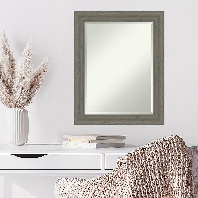 Amanti Art Grey Wall Mirror 29x23 Fencepost Grey Narrow Rectangle Bathroom Mirror for Wall Decor Living Room, Medium Country Rustic Wood Frame, Hangs Horizonally and Vertically, Bathroom Decor,