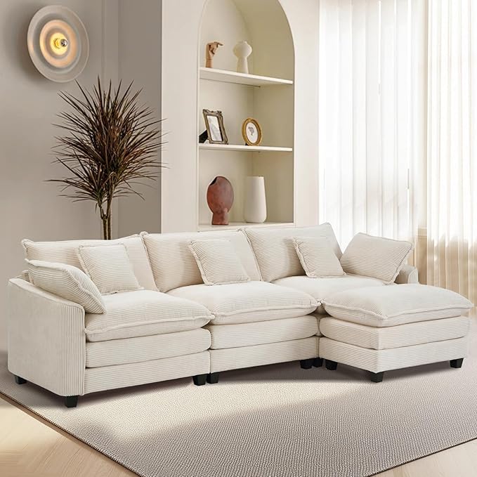 Furniliving 117‘’ L-Shaped Sofa, Luxury Corduroy Modular Sectional Couches with Ottoman, Upholstered Deep Seat Sleeper Sofa with Memory Foam and Waist Pillows, Beige