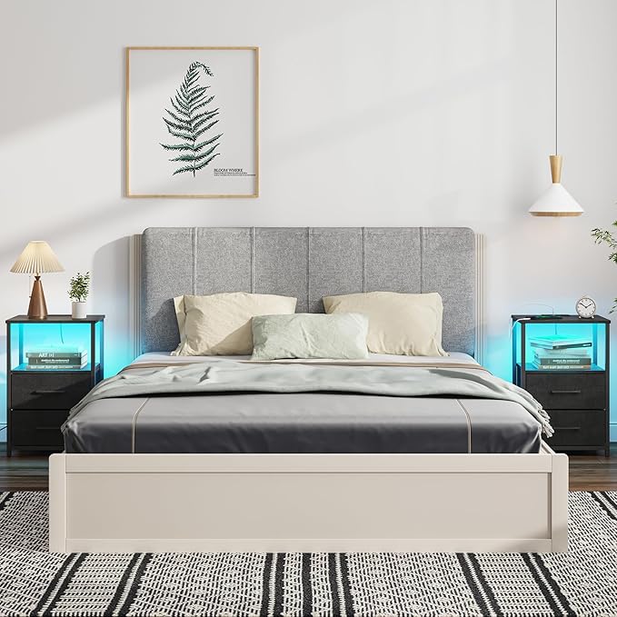 TUTOTAK LED End Table with Charging Station, Night Stand, Side Table with 2 USB Ports and Outlets, Nightstand with Cloth Drawer, Bedside Table for Livingroom, Bedroom Black TB01BK088L