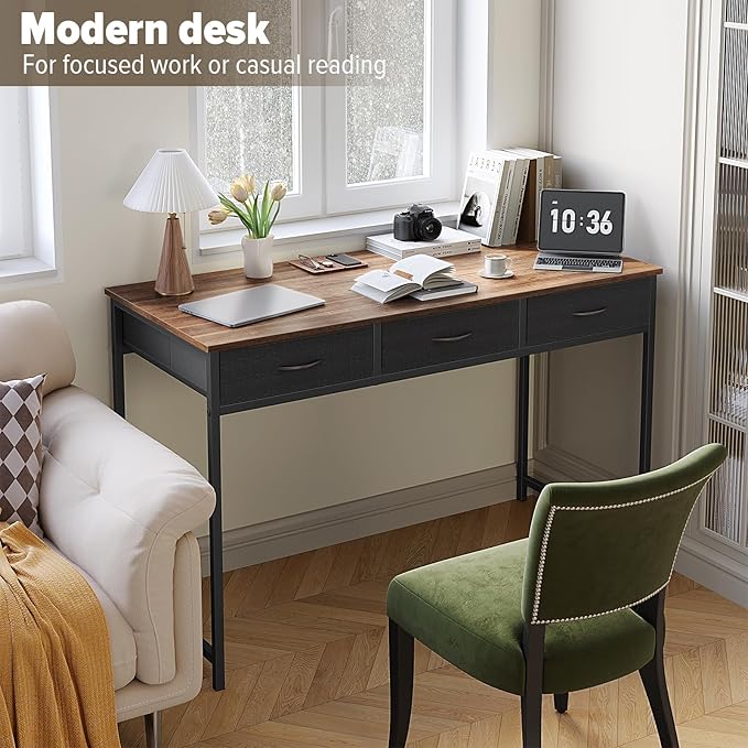 WOHOMO Computer Desk with 3 Drawers, 47.2 Inch Bedroom Desk with Storage, Home Office Desk for Room Spaces, Modern Work Writing Study Tables, Rustic