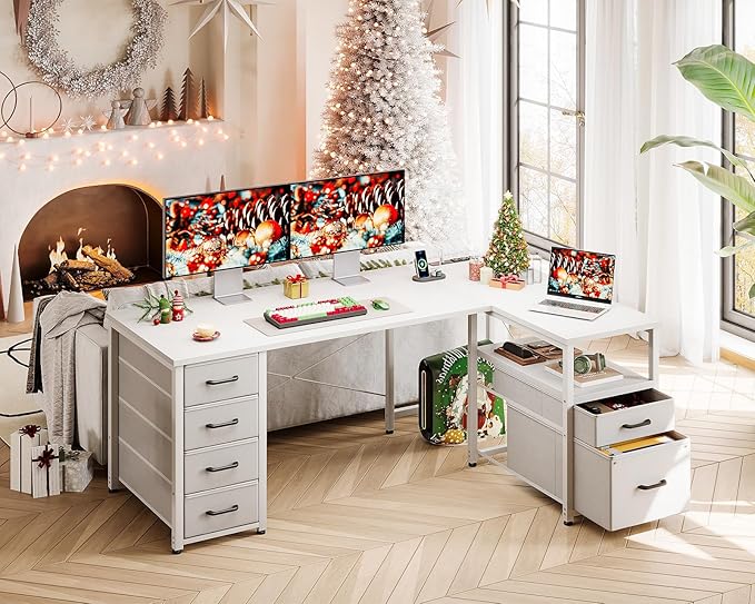 Coleshome L Shaped Computer Desk with 6 Drawers & Power Outlet, 55 Inch Corner Desk with Reversible Storage Shelf & File Drawer, Home Office Desk, White