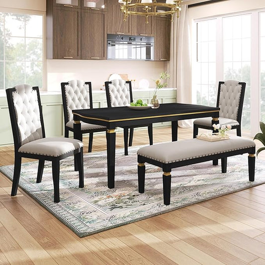 Merax 6-Piece Kitchen Dining Table Set, 62.7" Rectangular with 4 High-Back Tufted Chairs & 1 Bench for Kitchen Room, Black