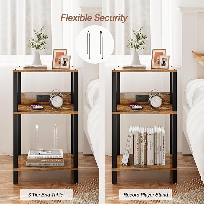 TUTOTAK Record Player Stand with Storage Up to 100 Albums，Record Storage Table,3 Tier End Table with Charging Station,Side Table for Living Room, Bedroom, Brown TB01BB076