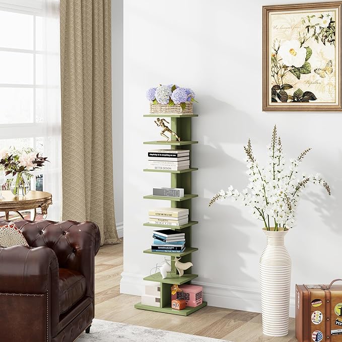 TUTOTAK Bookshelf, 8-Tier Bookcase, Narrow Spine Book Shelf for Small Space, Corner Standing Shelf for Living Room, Office, Study, Entryway, Olive Green BS06BOG008