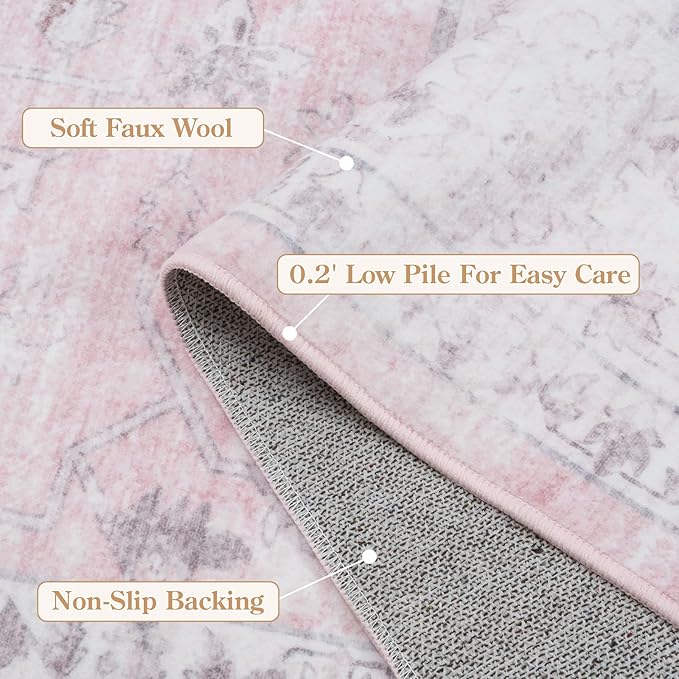 LIVEBOX Pink 10x14 Area Rug for Bedroom Girls, Boho Washable Rugs for Living Room Nursery, Non-Slip Indoor Soft Carpet Low-Pile Farmhouse Carpets for Dining Room Kids Playroom, Pink