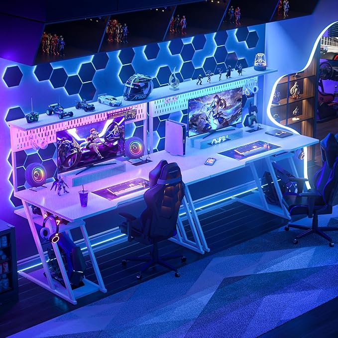 Armocity 53'' White Gaming Desk with Hutch and LED Lights, Gaming Computer Desk with Storage Shelves & Z-Shaped Legs, Reversible PC Game Desk with Pegboard for Bedroom, Carbon Fiber Surface