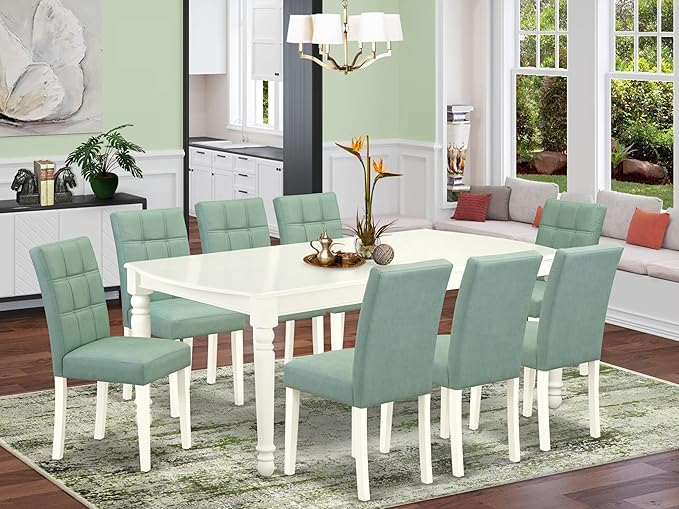 East West Furniture DOAS9-LWH-43 9 Piece Mid Century Modern Dining Table Set Consists A Wooden Dining Table and 8 Willow Green Polyester Fabric Upholstered Chairs, Linen White