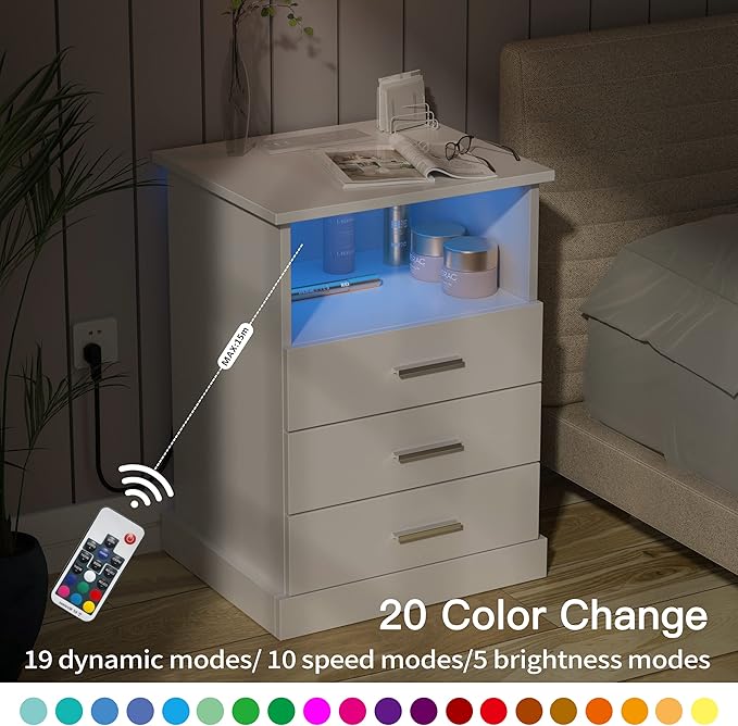 Nightstand with Charging Station, LED Lights Side Table with 3 Drawers, End Table for Bedroom Ofiice White 2 Set