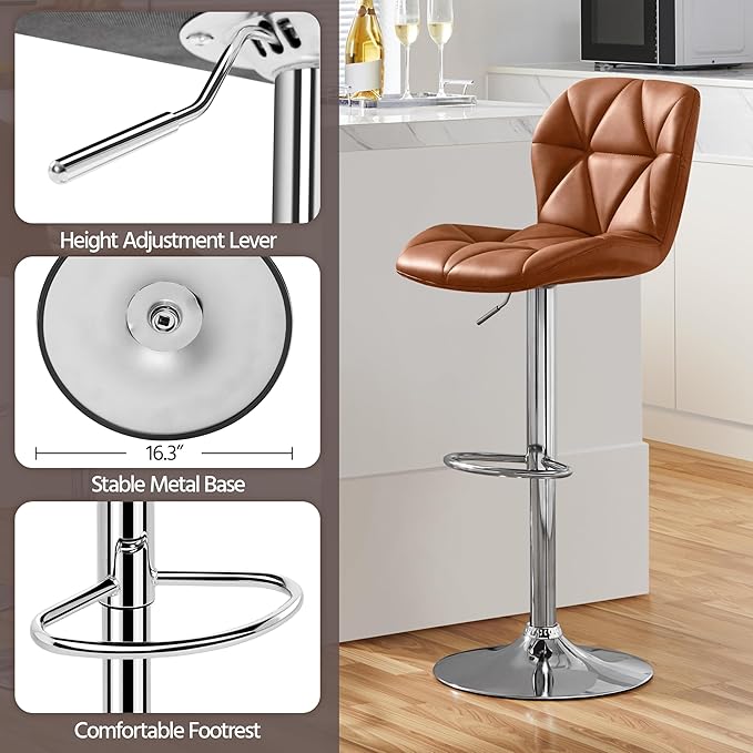 Yaheetech Barstools Set of 2, Modern Kitchen Island Stools with Backrest, PU Leather Adjustable Counter Stools for Kitchen Counter Bar, Retro Brown