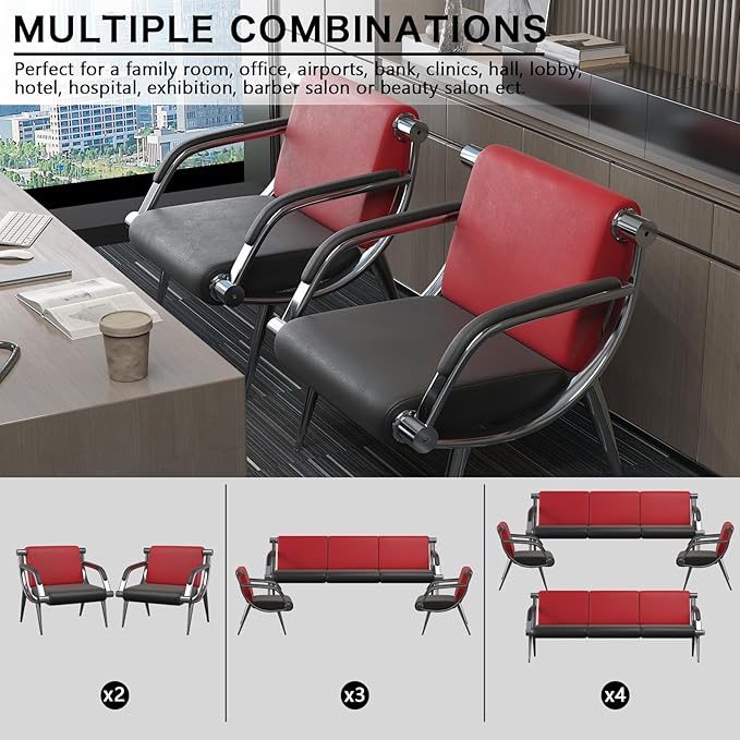 wonline 3 Seat Waiting Room Chair with Armrest PU Leather Office Furniture, Office Guest Seating Lobby Conference Reception Chairs for Airport Clinic Hospital Bank Salon Barber(Red&Black)