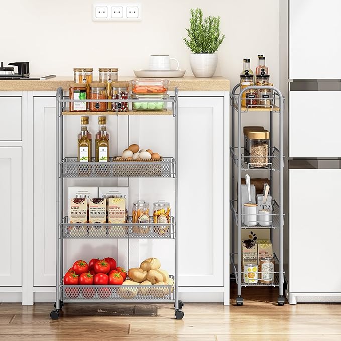 KINGRACK Metal Slim Rolling Cart,4-Tier Metal Utility Cart,Storage Cart with Wooden Tabletop, for Narrow Space on Laundry Bathroom Kitchen Room Bedroom Apartments Dormitory (Light Grey, Slim)