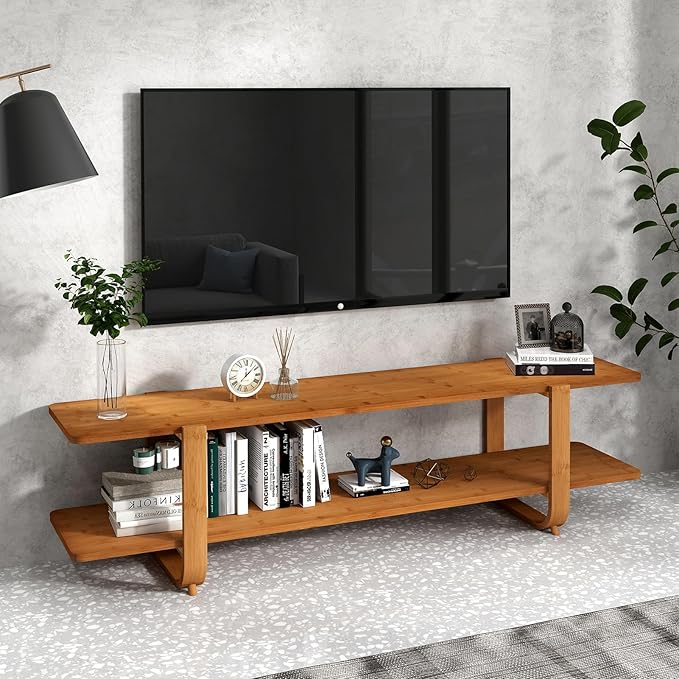 HollyHOME Bamboo TV Stand with Storage for TVs up to 65'', Modern Entertainment Center with 2 Open Shelf, Accent Media Console Table for Living Room, Bedroom, 55"(L), Walnut