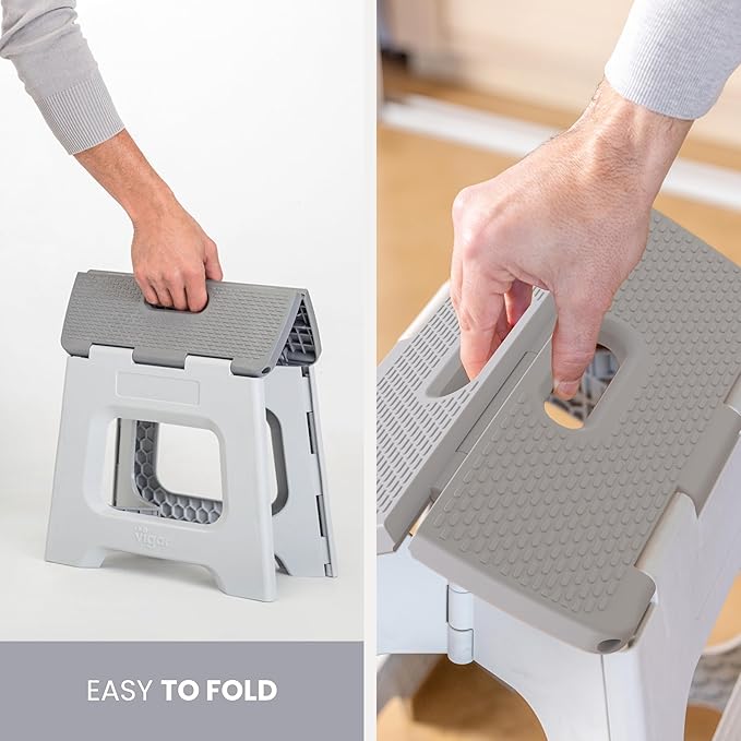 Vigar Compact Step Stool Foldable, 10-1/2-inch Step Stools for Adults up to 330 Pound, Lightweight Stool, Non-Slip Folding Step Stool, Gray