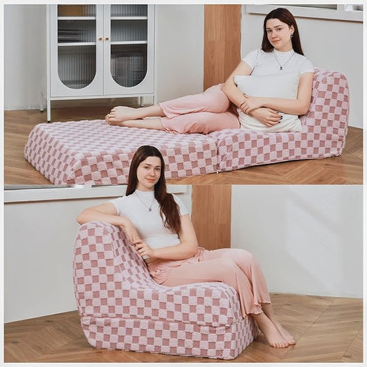 Bean Bag Chair with Checkerboard Shaker Fleece Fabric, Folding Sofa Bed, Floor Sleeper Lounge Chair, Lazy Sofa for Living Room, Bedroom, Apartments (Iceberry Pink)