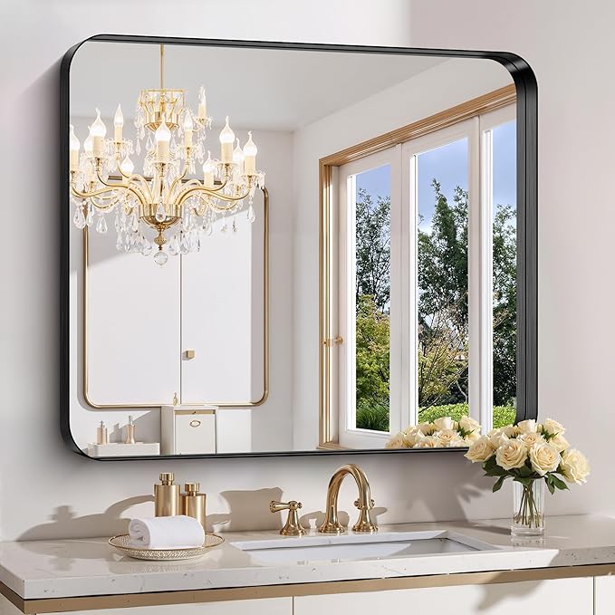 FORBATH 36x40 Inch Bathroom Mirror, Brushed Black Deep Frame Wall Mirror with Rounded Corners, Anti-Rust Tempered Glass for Modern Farmhouse Vanity (Horizontal/Vertical)