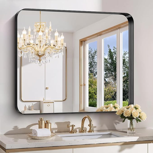 FORBATH 36x40 Inch Bathroom Mirror, Brushed Black Deep Frame Wall Mirror with Rounded Corners, Anti-Rust Tempered Glass for Modern Farmhouse Vanity (Horizontal/Vertical)