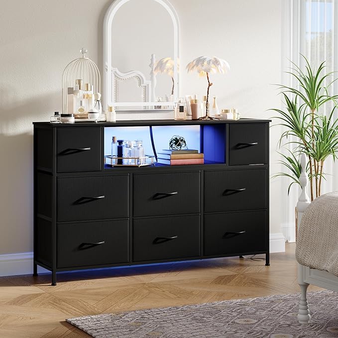 Somdot TV Stand for Bedroom, Dresser for Bedroom for 55 inch TV with Charging Station and LED Lights, Media Console Table with 8 Drawers, Open Shelf, Adjustable Feet,Living Room Furniture,Black