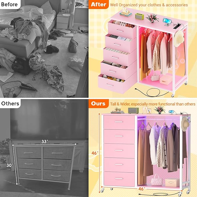 Cyclysio Dresser for Bedroom with Clothes Rack, 5 Fabric Drawers Dresser with Charging Station & LED Lights, Pink Storage Chest of Drawers with Wheels, Wooden Top, Lockable Wheels, Closet, Pink