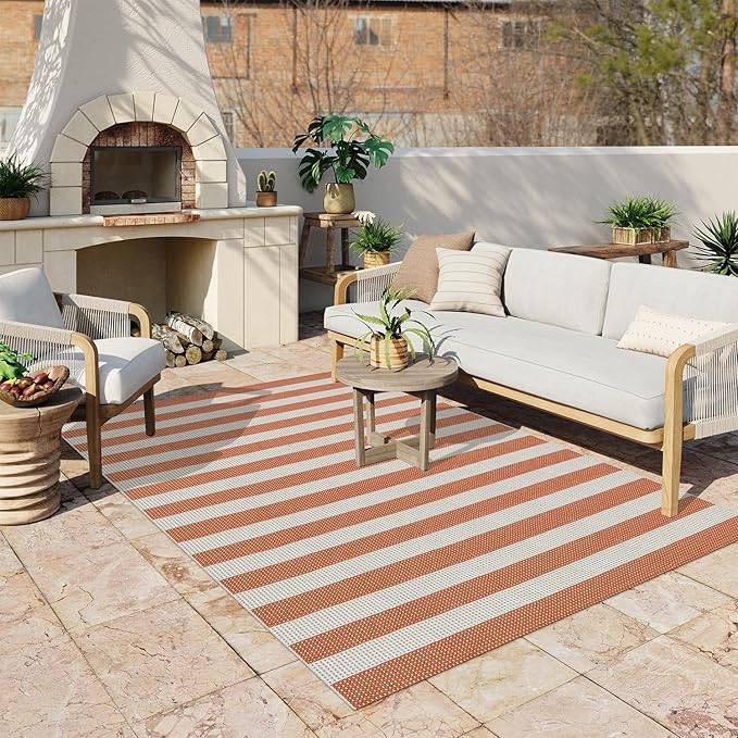 OJIA Outdoor Patio Rug 5'x7', Striped Outdoor Rugs Washable Checkered Area Rugs Cotton Woven Indoor Accent Rugs for Bedroom/Living Room/Front Porch/Deck/Backyard/Camping (Orange/White/Tan)