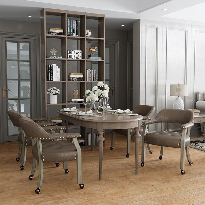 LEEMTORIG Large Dining Chairs with Casters and Arms, Rolling Dining Chairs with Wheels, Solid Wood Boss Caption's Chairs Office Chairs, 26"D x 25.2"W x 31.5"H, Soft Grey Legs & Dark Brown SY-1318-DK