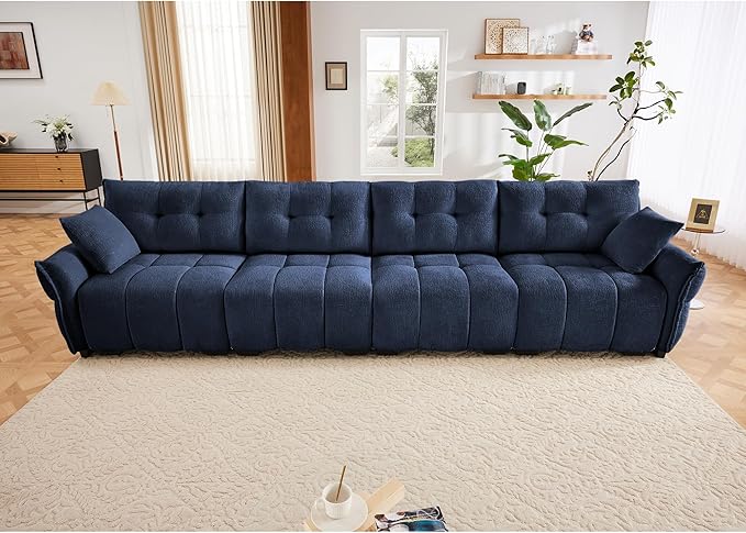 Modern Chenille Fabric 4-Seat Sofa w/ 2 Pillows, Premium Upholstery Living Room Couch with Tufted Backrest & Comfortable Armrests and High-Resilience Memory Foam Cushions,Blue