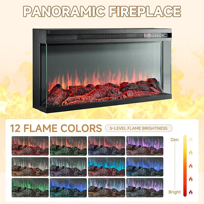 ROCKPOINT 3 Sided Glass 80" Fireplace TV Stand for TVs up to 90", Media Entertainment Center with Glass Door Storage Cabinet for Living Room,36" Electric Fireplace & Adjustable LED Light,White