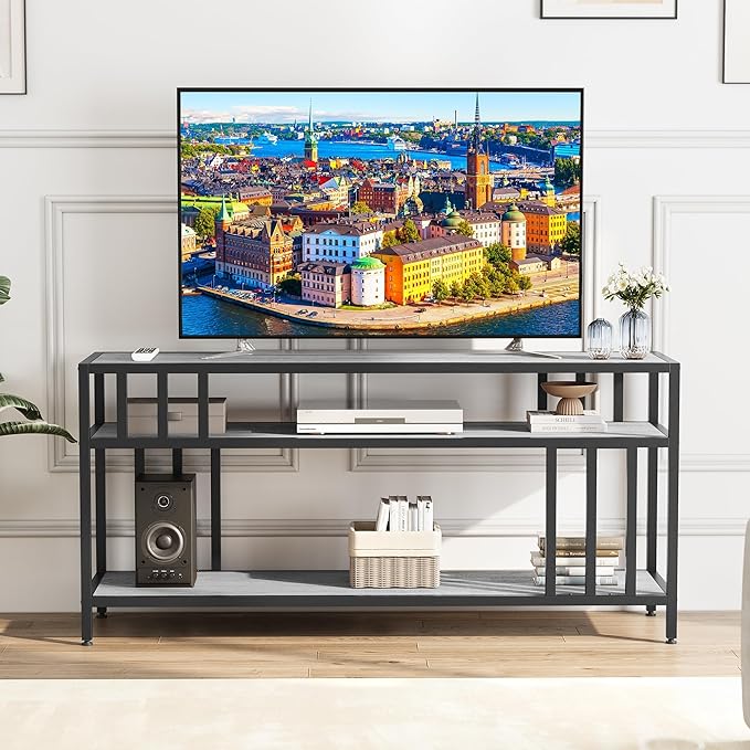 Garvee 58" TV Stand for Television up to 65 Inch, Entertainment Center with 3-Tier Open Shelves, TV Media Console Table Quadruple-Tube Support for Living Room, Entryway, Grey
